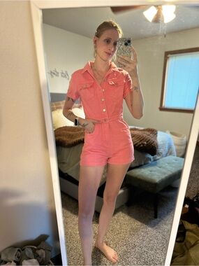 Stylish Pink Button-Up Women's Romper with Fringe on Back